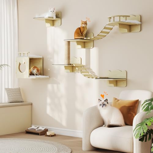 Cat Wall Shelves Set of 5 Wooden Shelves with Scratching Post H9199