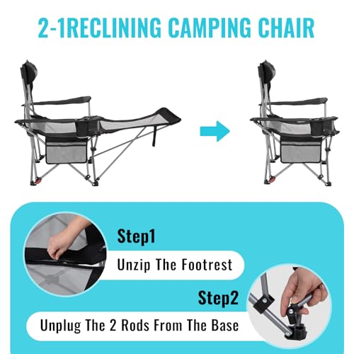 2-in-1 Reclining Camping Chair with Footrest Folding Lounge Chair with Adjustable Backrest U94600