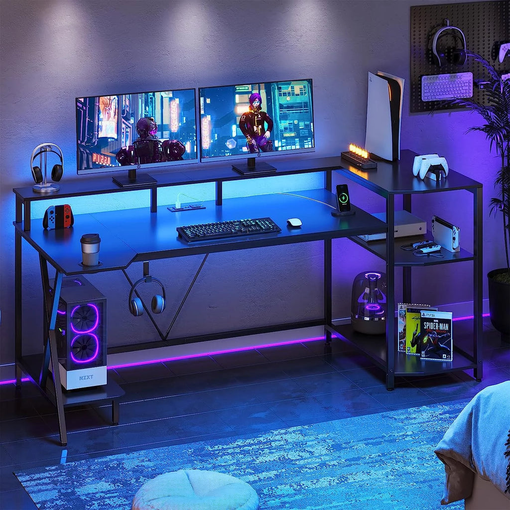 Black Computer Desk with LED Lights and Storage Shelves V94808