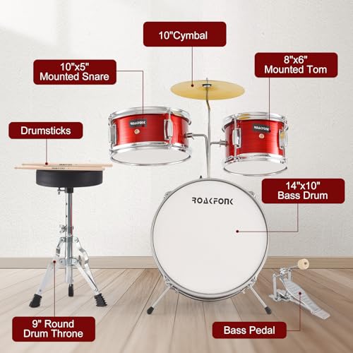 3 Piece Kids Drum Set with 14'' Bass Drum, Snare, Tom, Cymbal, Pedal, Drumsticks, Adjustable Seat M25699
