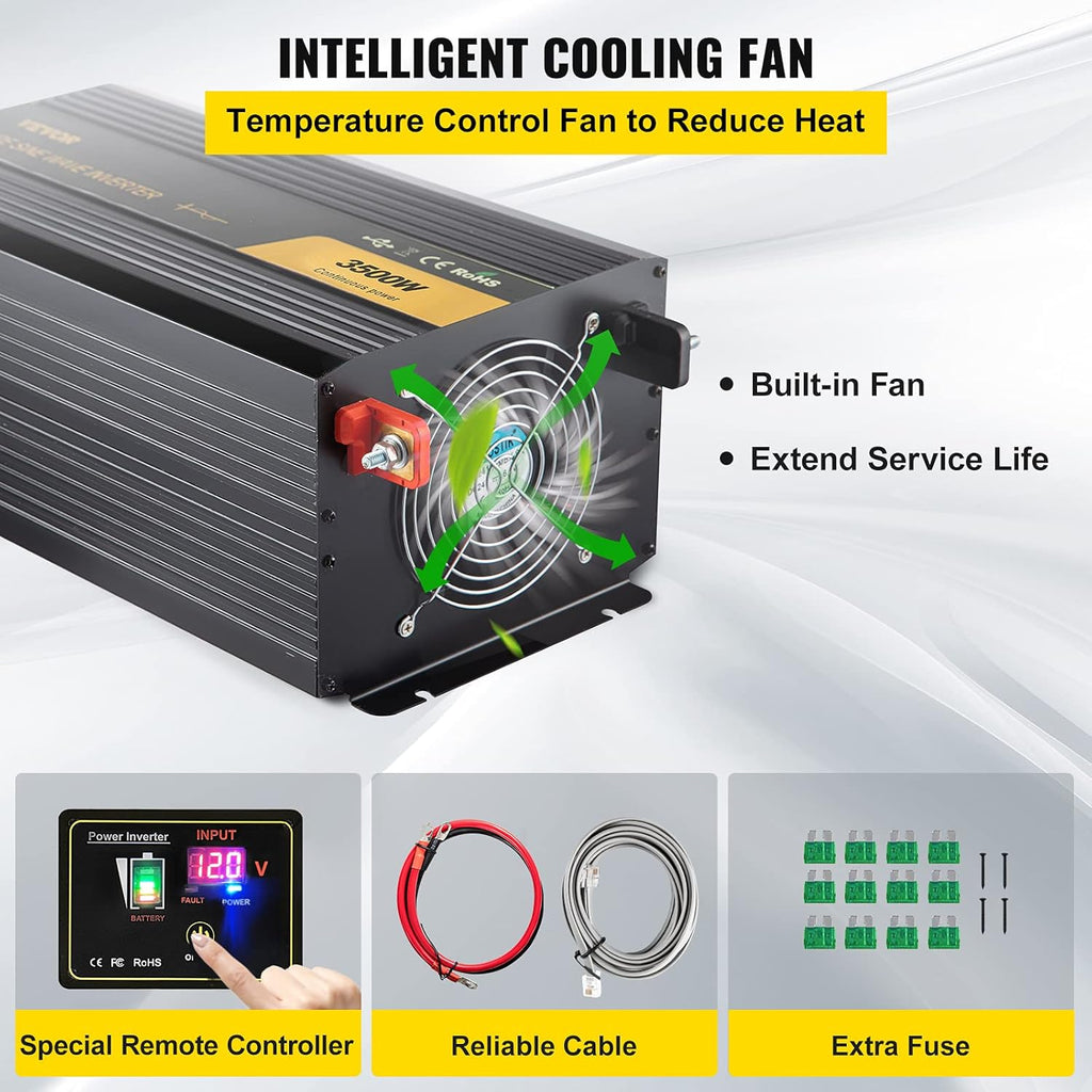 3500 Watt Pure Sine Wave Power Inverter, DC 12V to AC 120V, with USB Port LCD Display Remote Controller and AC Outlets R472839