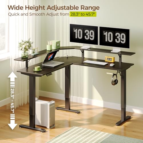 Black Electric Height Adjustable L Shaped Desk with LED Light and Power Outlet W539