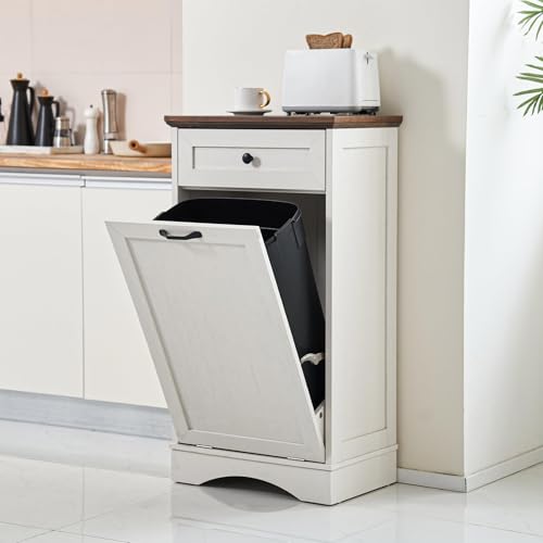 White 13 Gallons Wood Trash Cabinet with Hideaway Drawer J9582