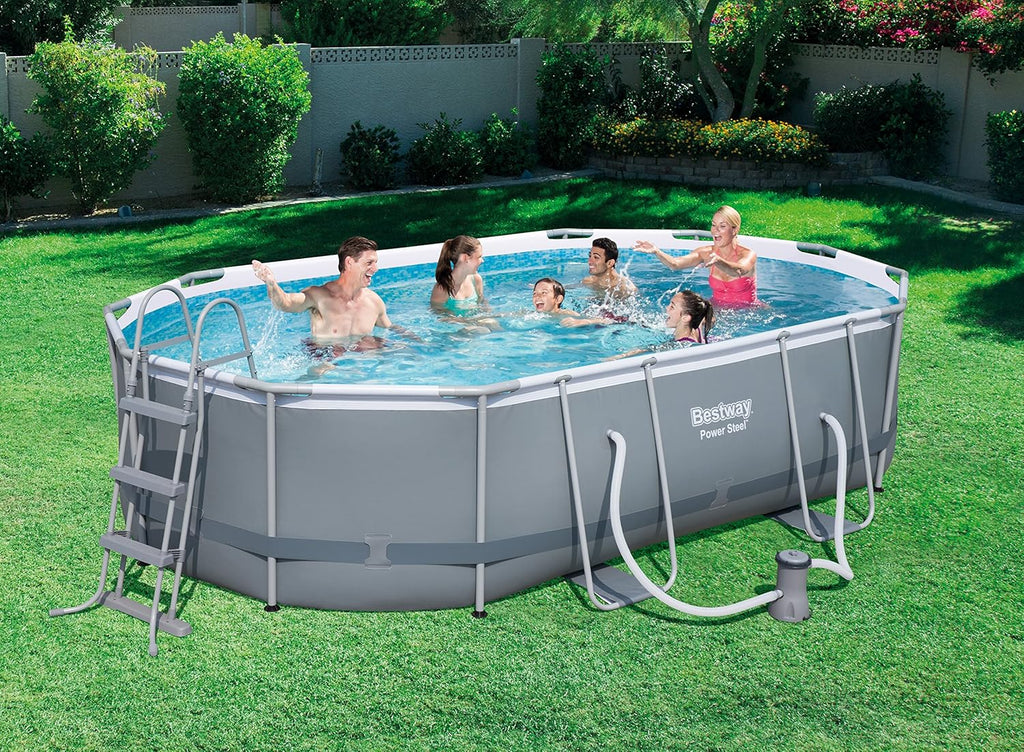 Oval Frame Swimming Pool Set Dark Grey 488 x 305 x 107 cm with Filter Pump Y53532
