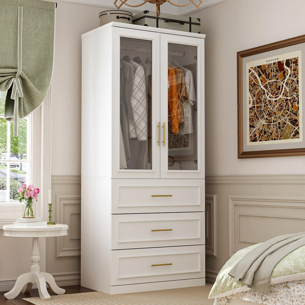 White Wooden Wardrobe Armoire with 2 Glass Doors, 3 Drawers & Hanging Rod P509