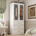 White Wooden Wardrobe Armoire with 2 Glass Doors, 3 Drawers & Hanging Rod P509
