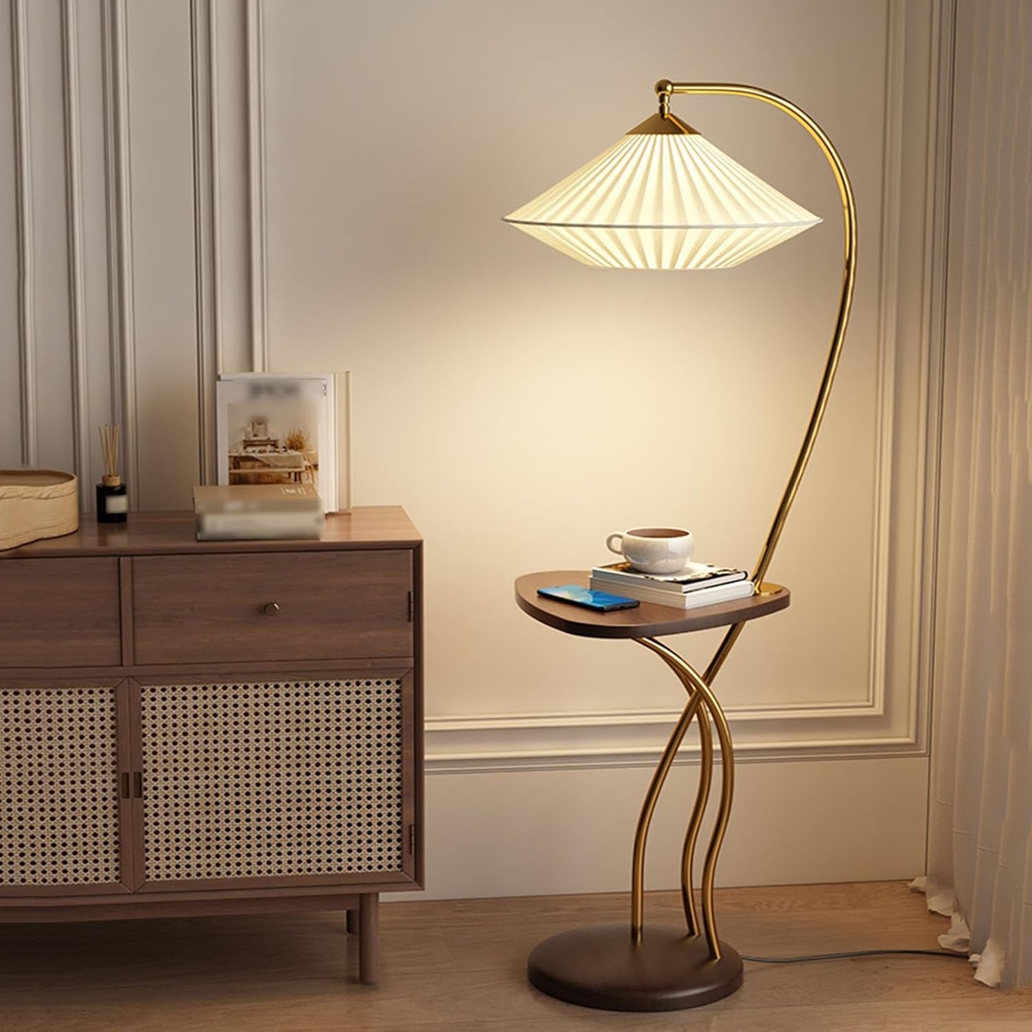 Mid Century Modern Floor Lamp with USB Charging Port and Wood Tray Table Z219948