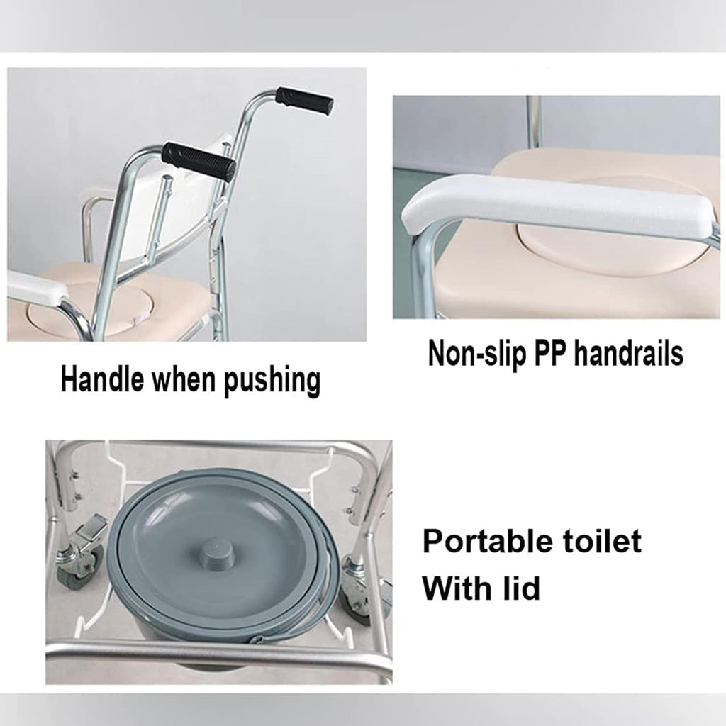 Shower Commode Chair with Wheels, 3 in 1 Shower Wheelchair with Anti Skid Arms 4 Locking Casters Detachable Bucket Shower Chair J85147