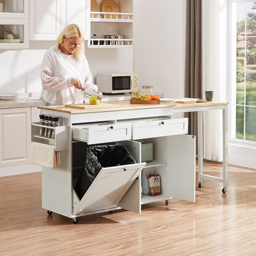White Mobile Kitchen Island with Extendable Dining Table W872829