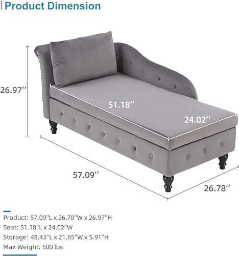 Dark Gray Velvet Chaise Lounge with Lumbar Pillow U2861
