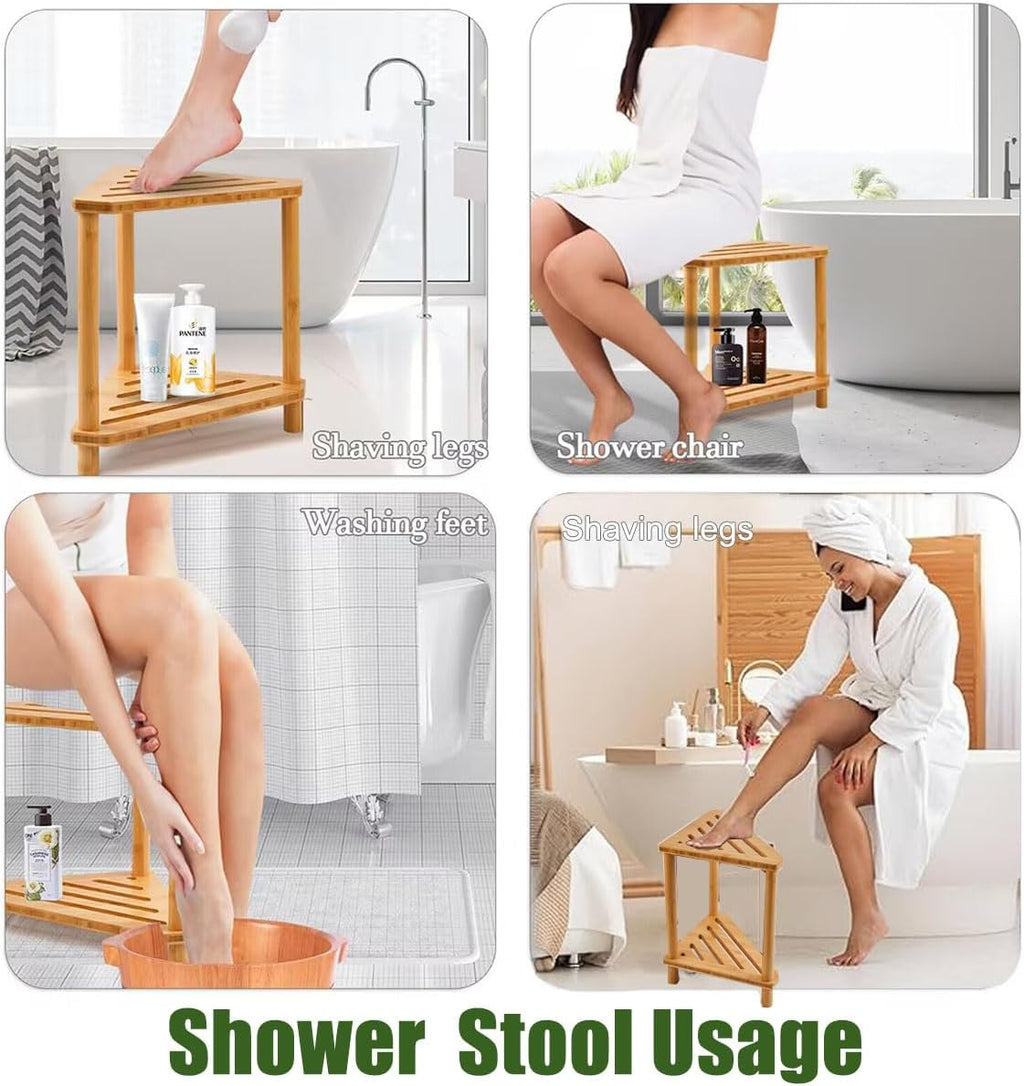 Bamboo Corner Shower Stool with Storage Shelf W221956