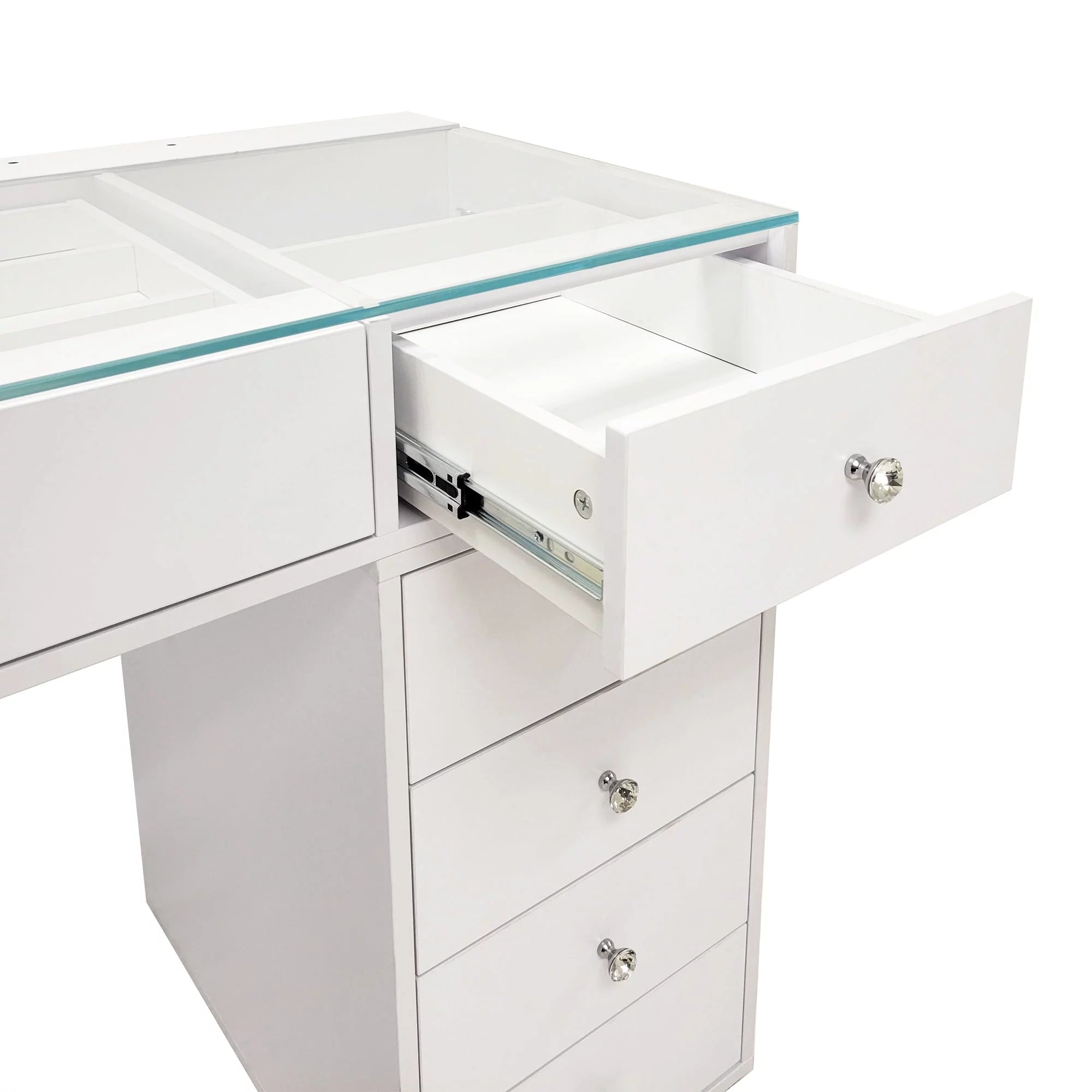 White 10 Drawer Vanity Desk with Glass Tabletop I19889