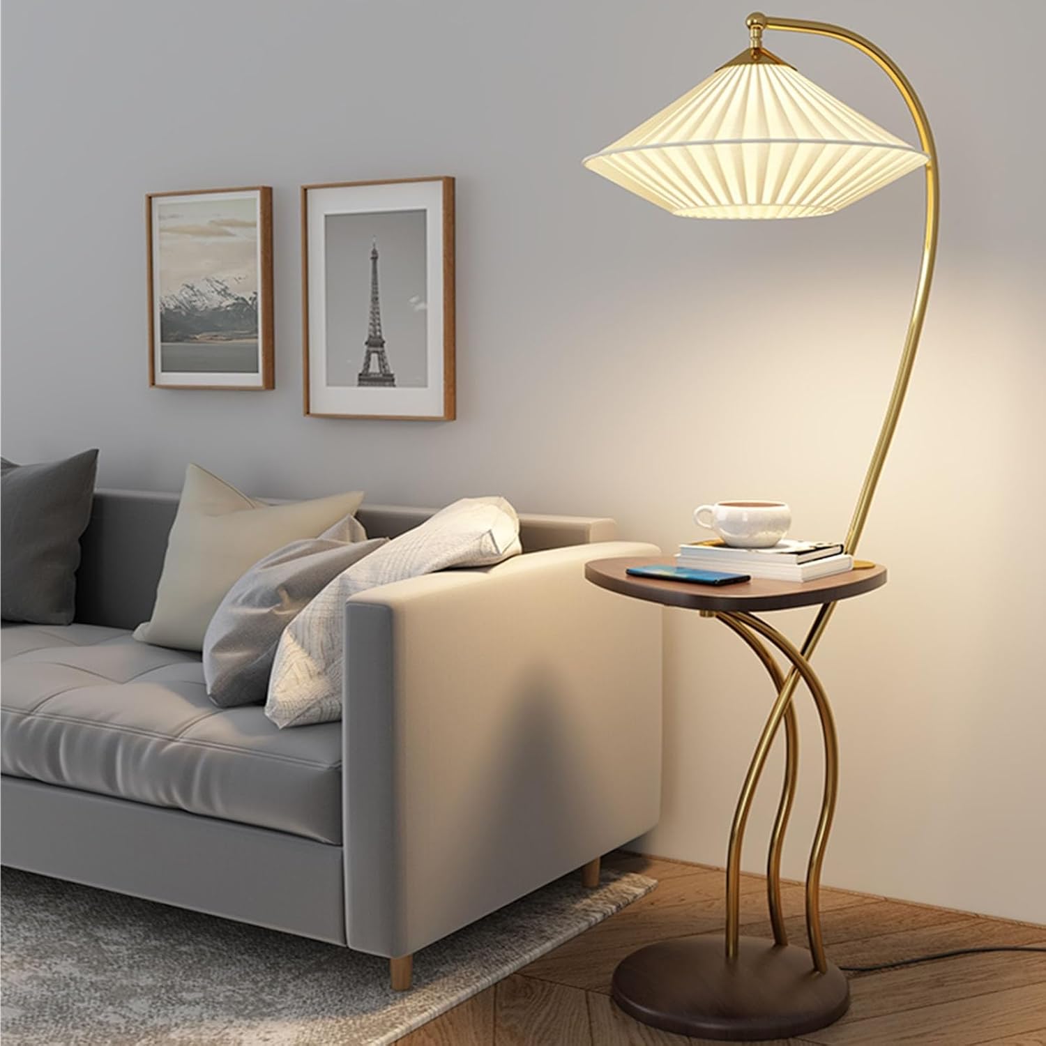 Mid Century Modern Floor Lamp with USB Charging Port and Wood Tray Table Z219948