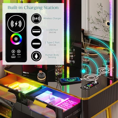 Black LED Vanity Desk with Mirror and Lights and Charging Station O28295