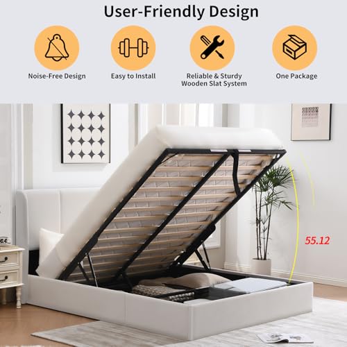 Queen Size Upholstered Storage Bed with Hydraulic Support Bars, White F113528
