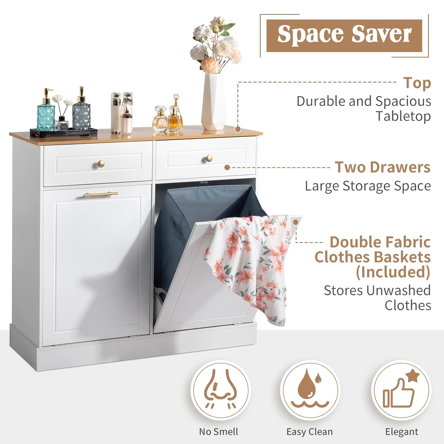 White 2 Doors 2 Drawers 2 Baskets Trash Cabinet J634