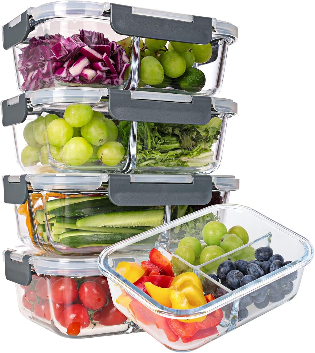 5-Pack 3 Compartments 35oz Glass Meal Prep Containers with Lids, Grey N170