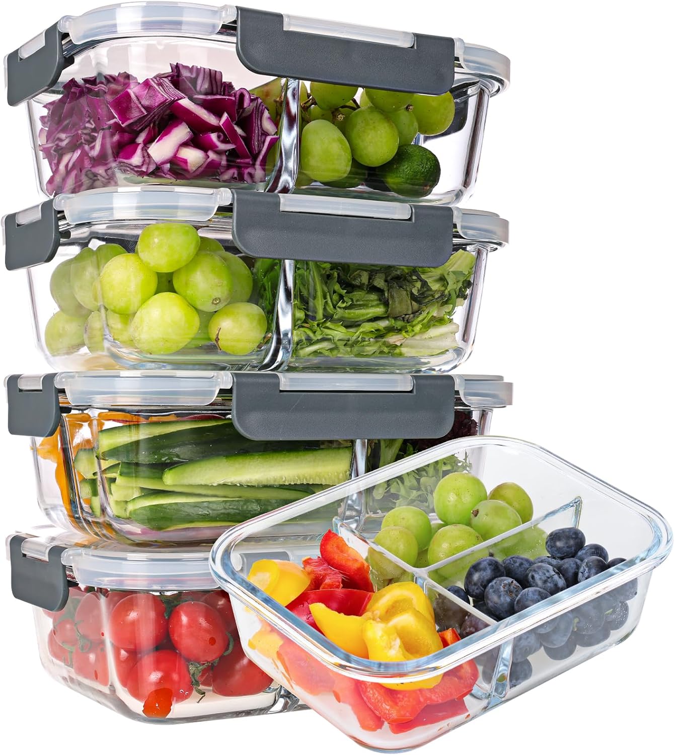 5-Pack 3 Compartments 35oz Glass Meal Prep Containers with Lids, Grey N170