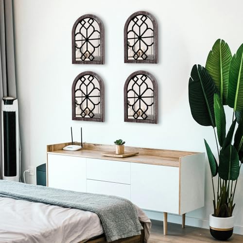 4 Set Arched Window Mirror Wall Decor, Wood Framed Distressed White S11319