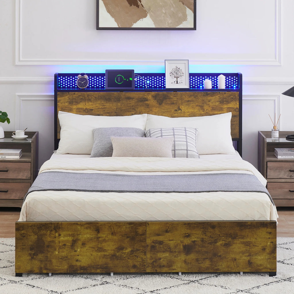 Queen Size Platform Bed Frame with Storage Headboard and 6 Drawers N273