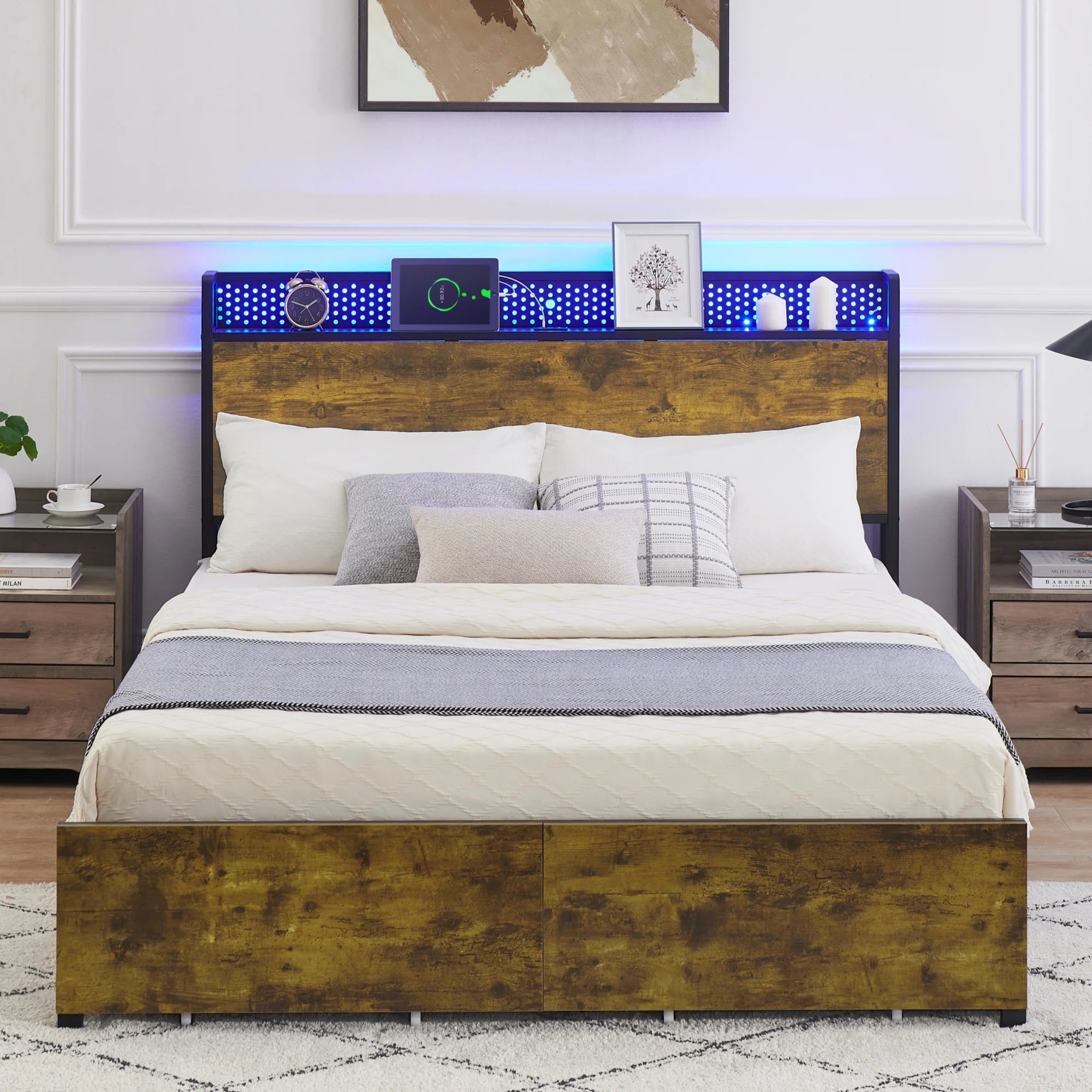 Queen Size Platform Bed Frame with Storage Headboard and 6 Drawers N273