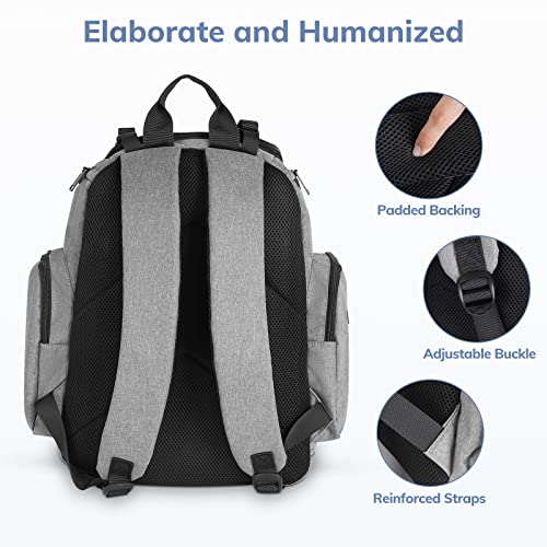 Grey Waterproof Diaper Bag Backpack with 4 Insulated Pockets and Stroller Straps M800373
