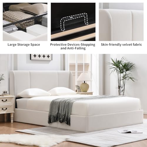 Queen Size Upholstered Storage Bed with Hydraulic Support Bars, White F113528