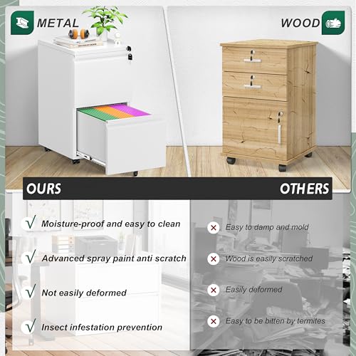 White 2 Drawer Metal Rolling File Cabinet with Lock F33074