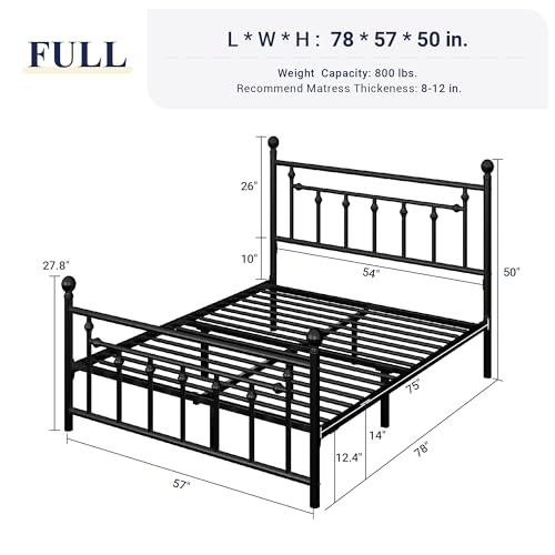 14 Inch Full Size Metal Platform Bed Frame with Victorian Vintage Headboard and Footboard Black G474
