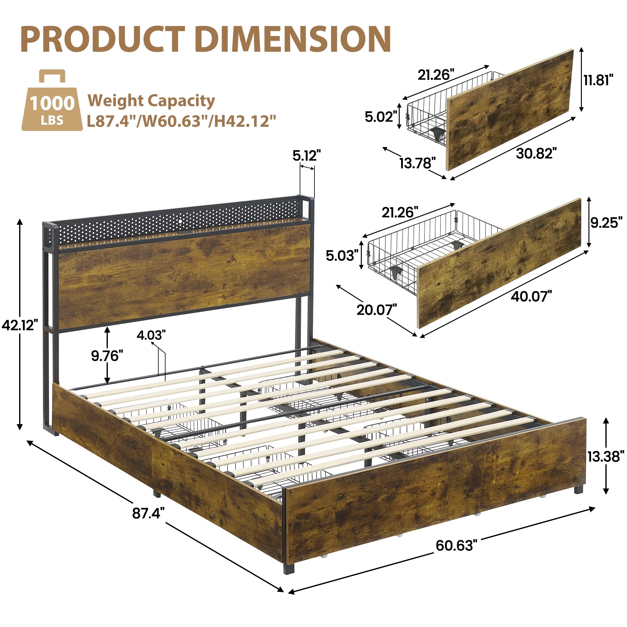 Queen Size Platform Bed Frame with Storage Headboard and 6 Drawers N273