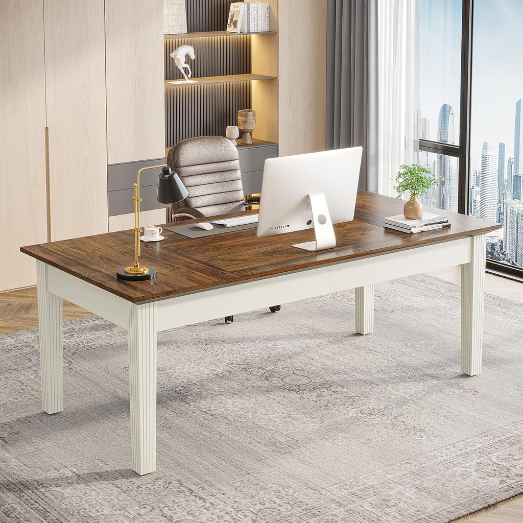 Rustic Brown & White 62-Inch Computer Desk with Solid Wood Legs W843