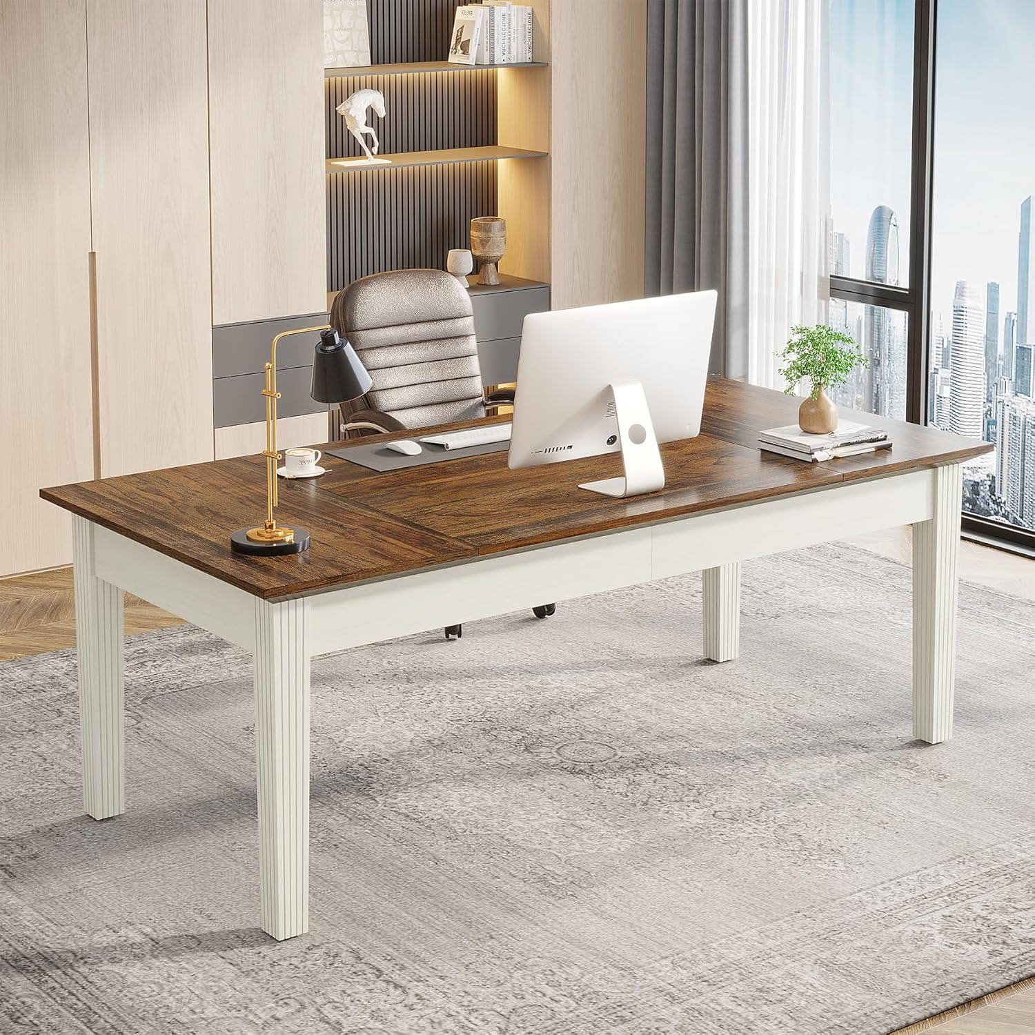 Rustic Brown & White 62-Inch Computer Desk with Solid Wood Legs W843