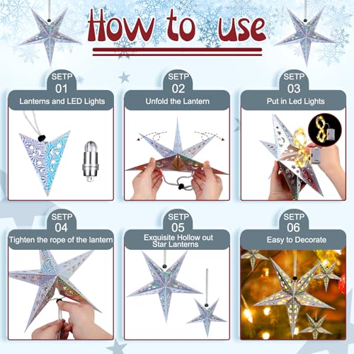 20 Set Christmas Paper Star Shape Lantern 2 Size 17.7 11.8 Hanging Ornaments with 20 LED Light White L146846