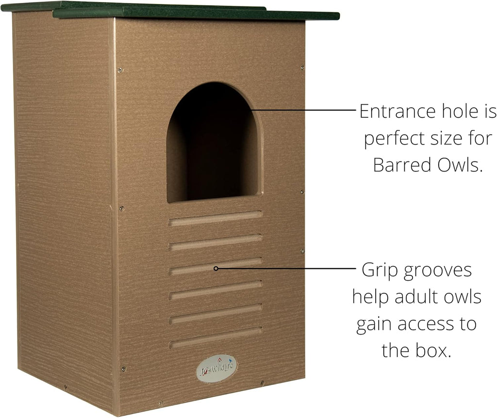Recycled Poly Lumber Barred Owl Nesting Box with Mounting Hardware and Pine Shavings A7113