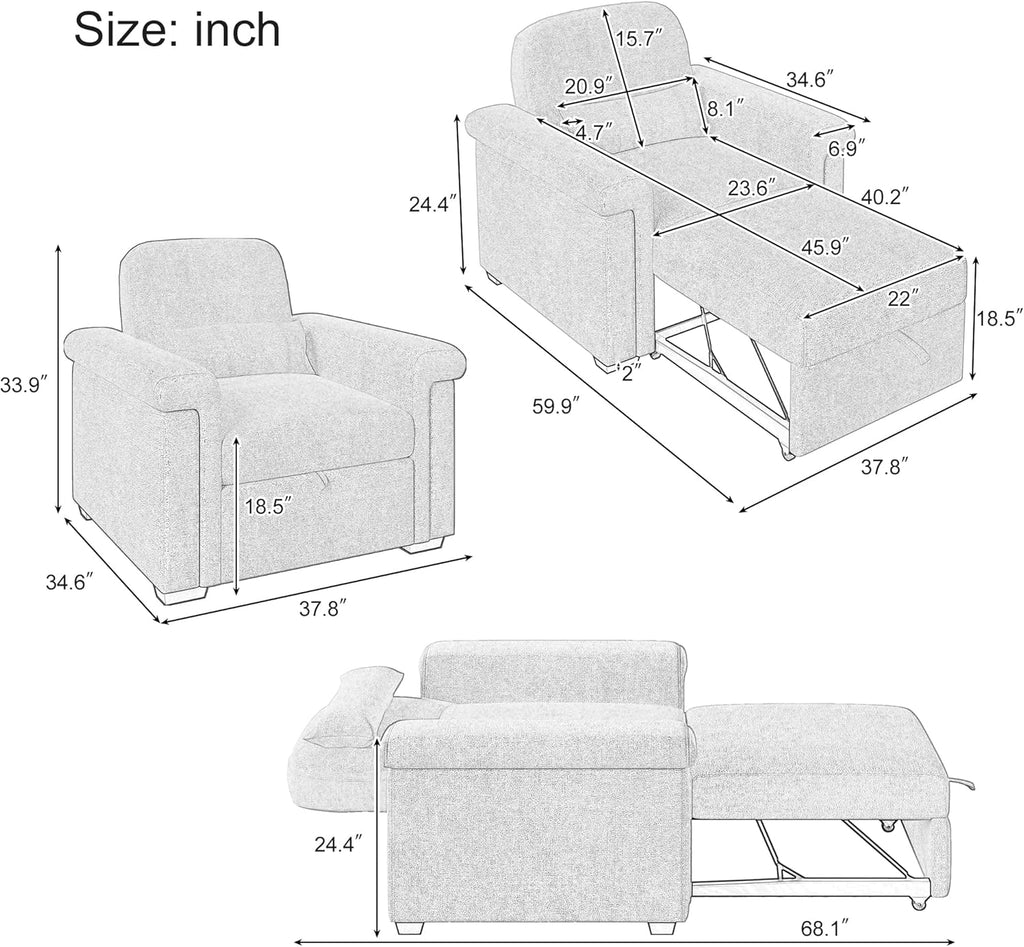 Dark Blue 3 in 1 Convertible Sleeper Chair Sofa Bed with Pillow H6376
