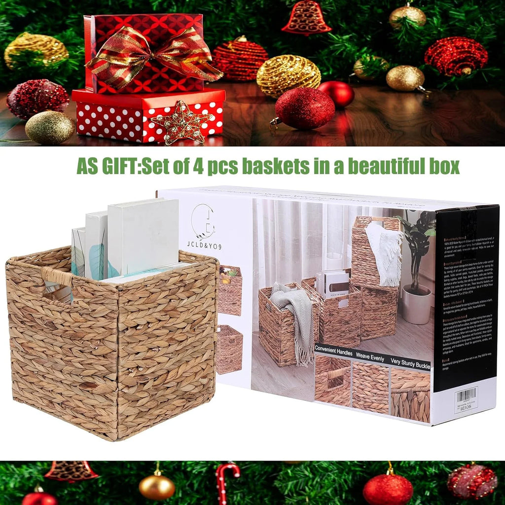 Set of 4 Handwoven Water Hyacinth Wicker Cube Baskets X484