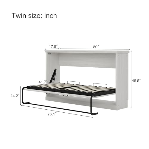 Twin Size Murphy Bed with Storage Bookshelf and USB Charging Station, Folding into a Cabinet, Rustic White H7798