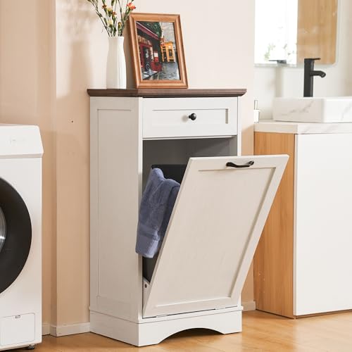 White 13 Gallons Wood Trash Cabinet with Hideaway Drawer J9582
