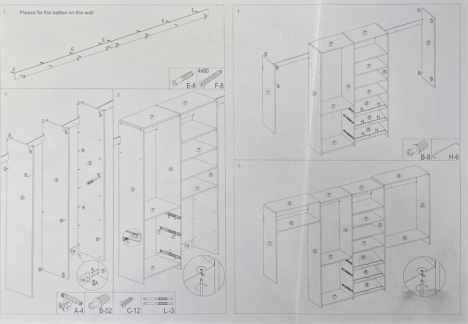 White Wood Wall Mounted Closet Organizer with Shelves and Drawers L53203