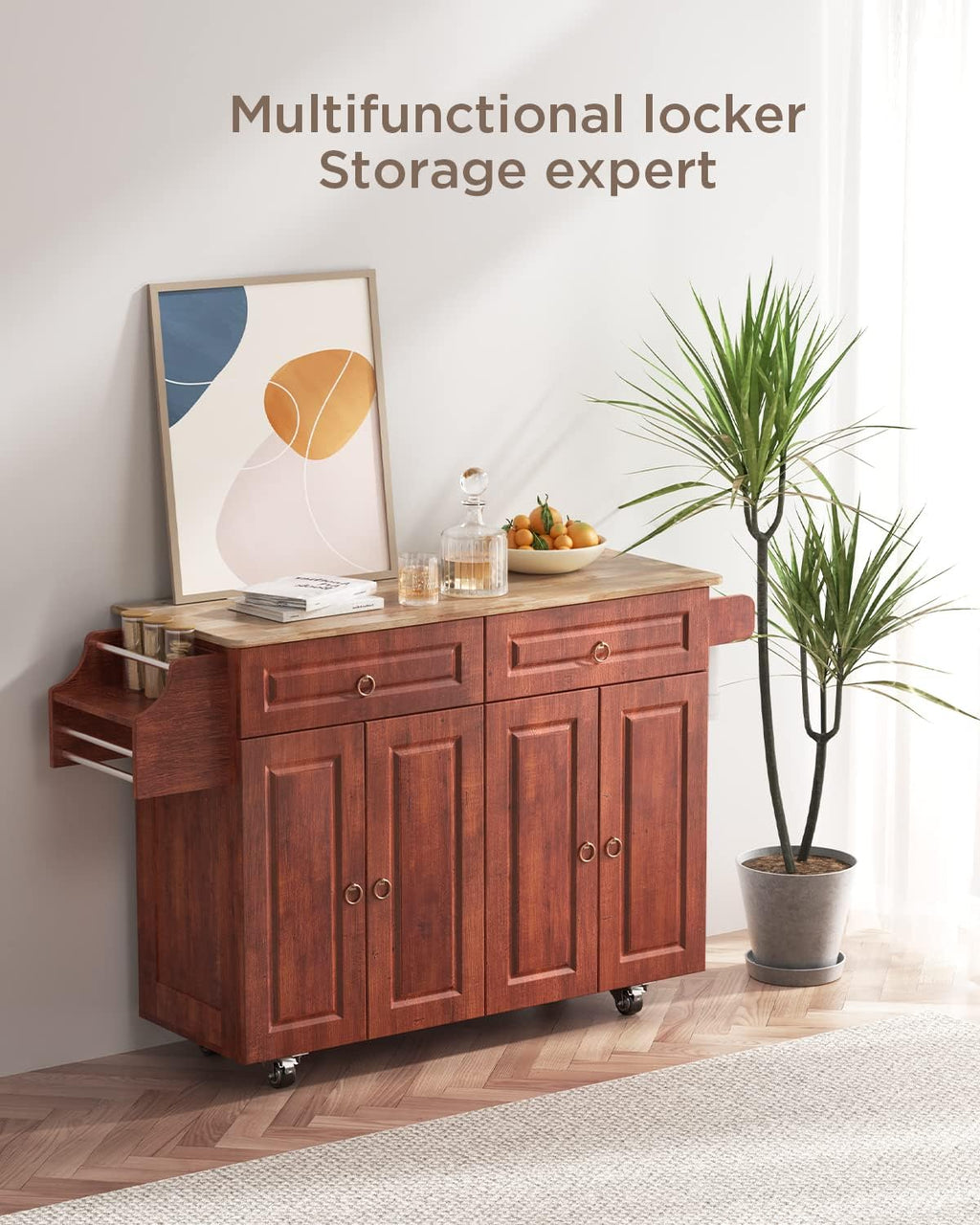 Brown Wood Kitchen Island with Drop Leaf Countertop and Lockable Wheels T721