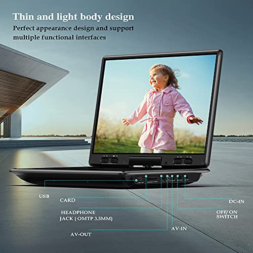 14.9" Portable DVD Player with 12.5" HD Swivel Screen, 6 Hours Rechargeable Battery, Car Headrest Mount F6011