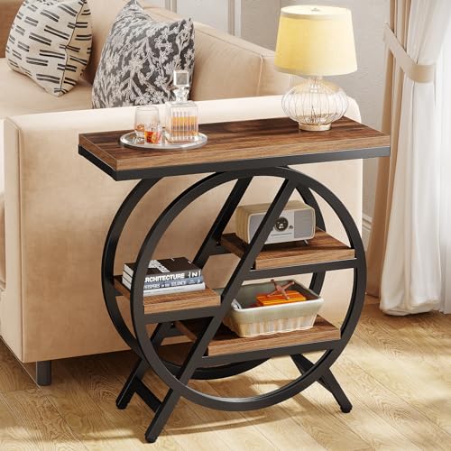 3-Tier Narrow Wood Side Table with Geometric Metal Frame K5110
