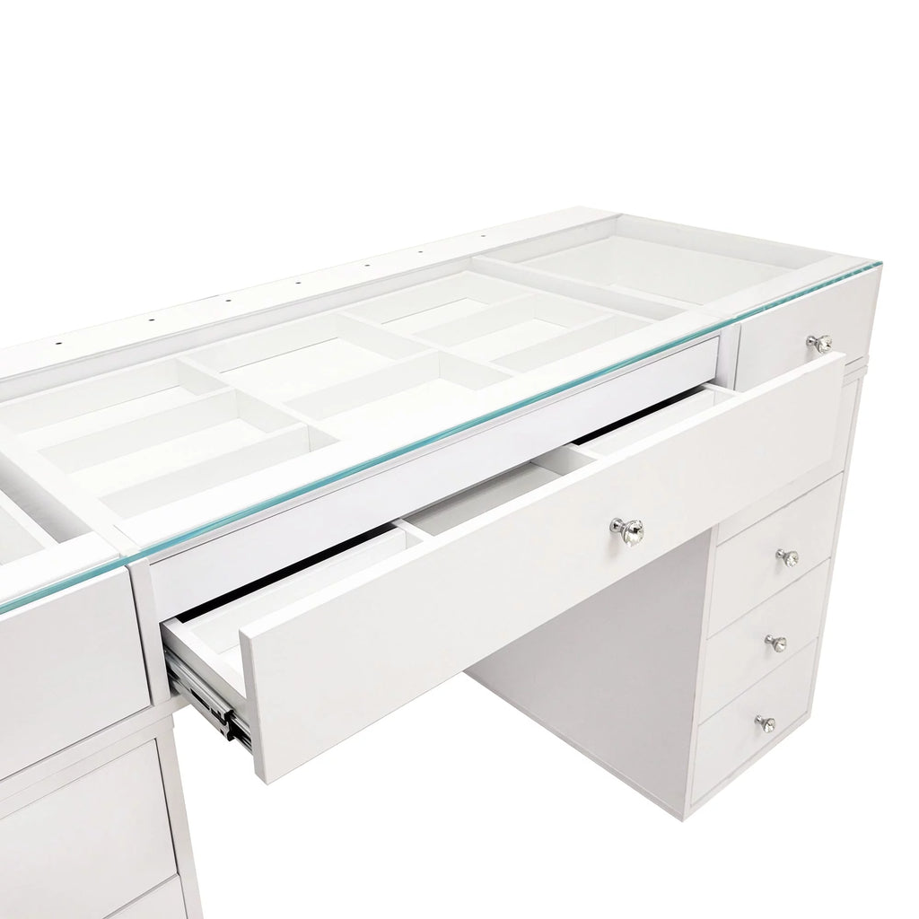 White 10 Drawer Vanity Desk with Glass Tabletop I19889
