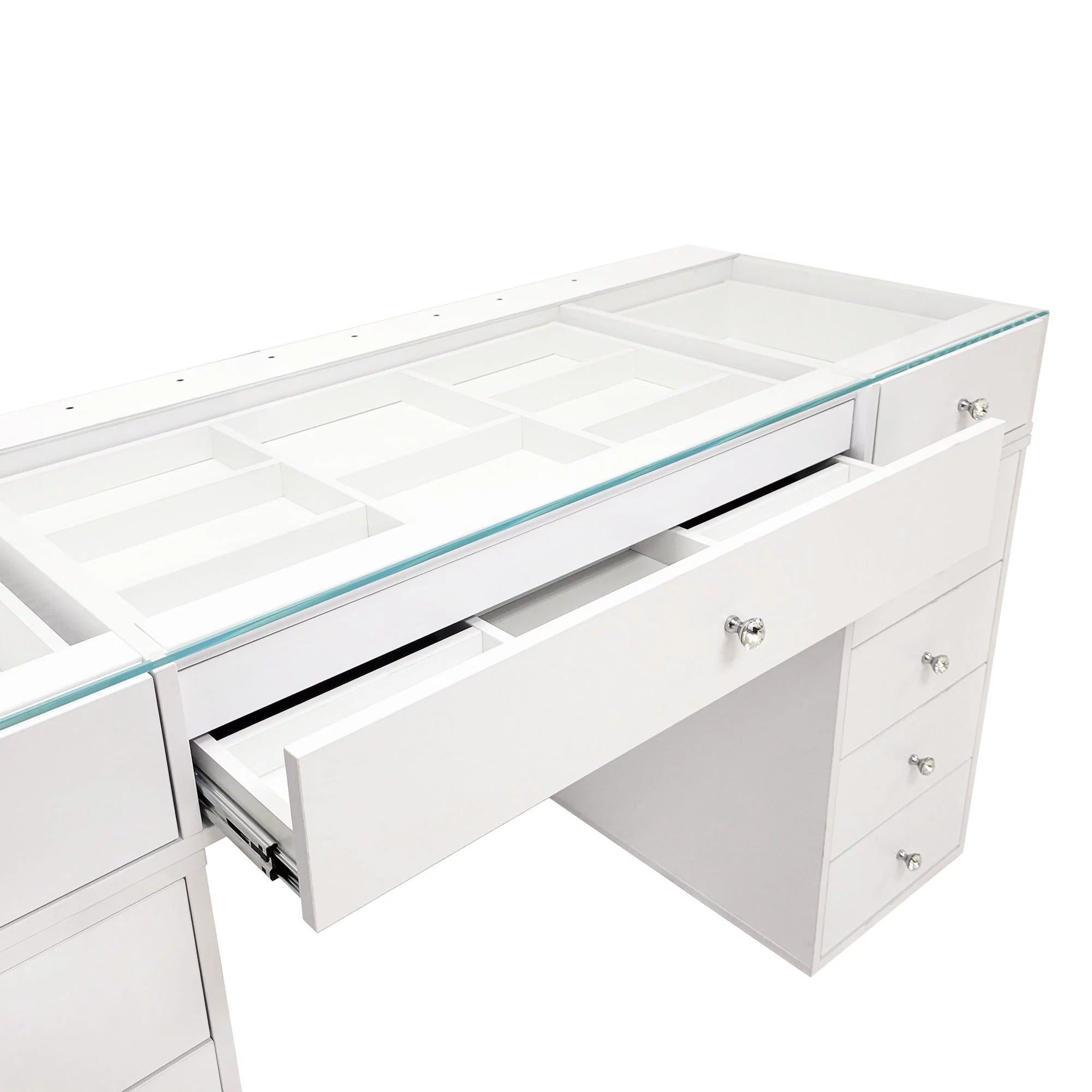 White 10 Drawer Vanity Desk with Glass Tabletop I19889