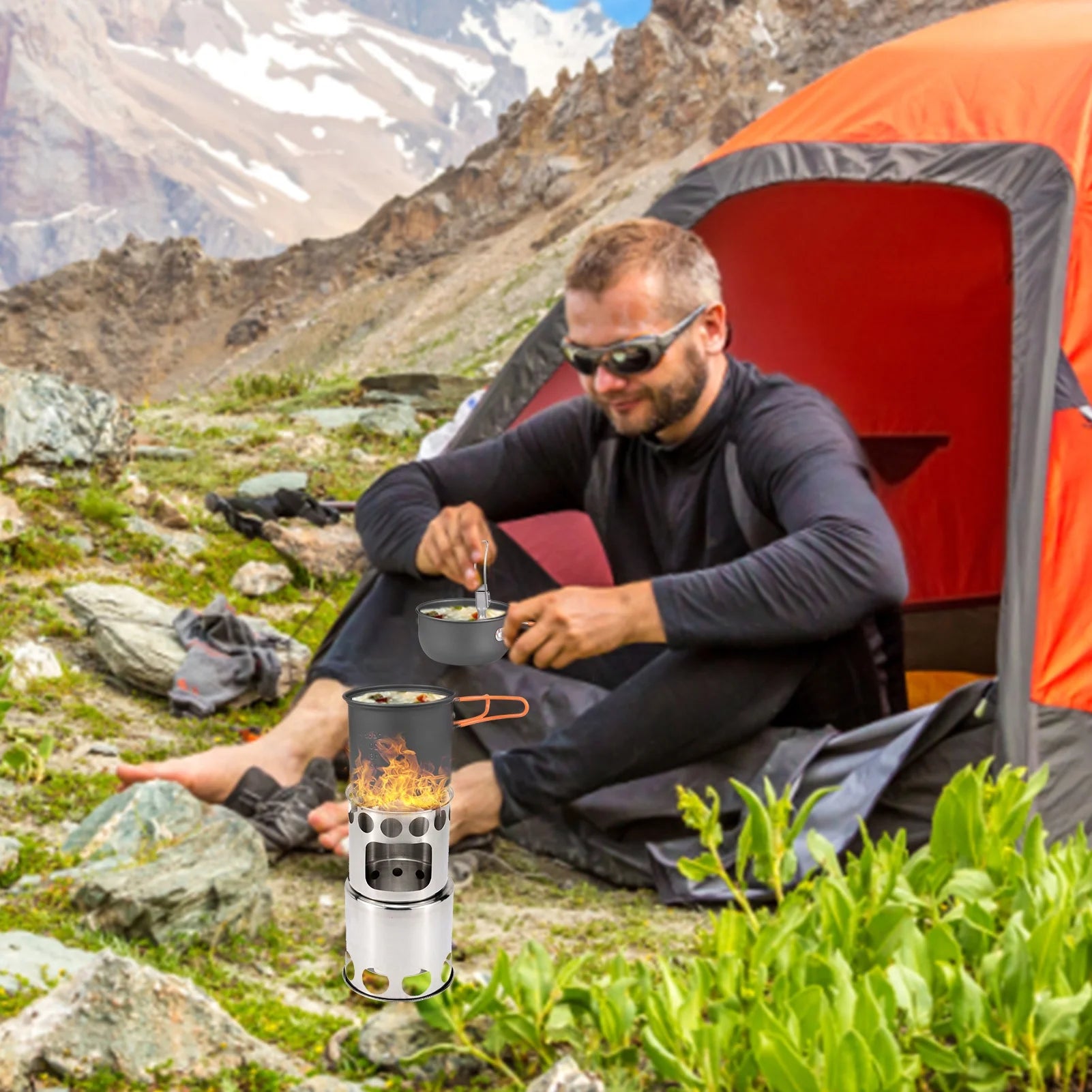 Camping Cookware Mess Kit with Camping Stove B7549