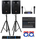 15" 2000w Active PA/DJ Speakers with Mixer, Mic, Stands, Cables, Bag Z722