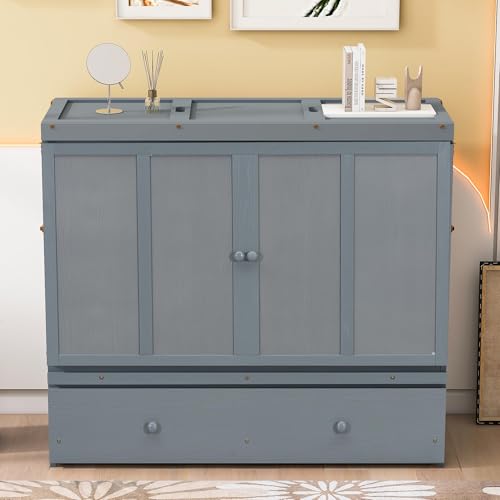 Queen Size Solid Pine Murphy Bed Cabinet with Storage Drawer H455022