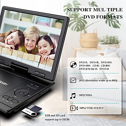 14.9" Portable DVD Player with 12.5" HD Swivel Screen, 6 Hours Rechargeable Battery, Car Headrest Mount F6011