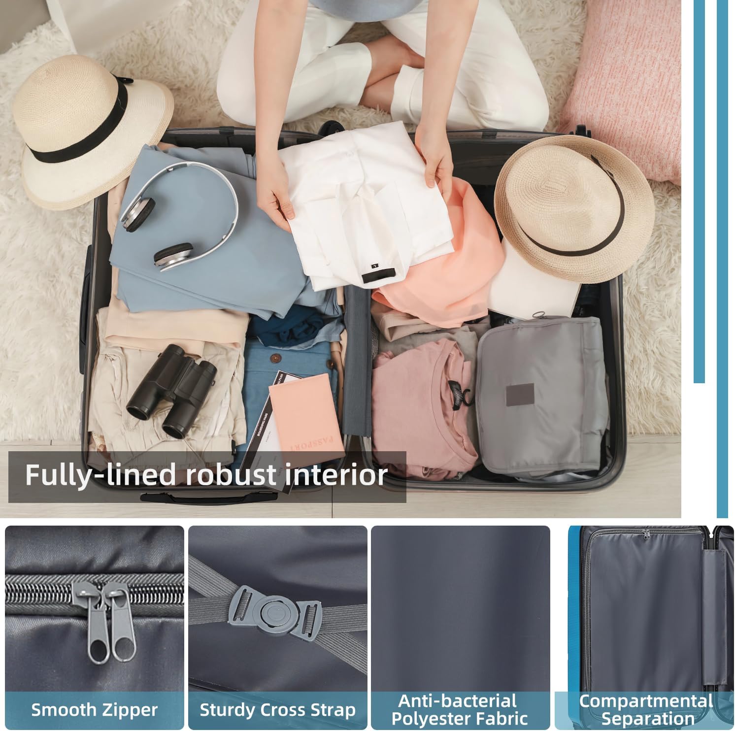 Blue 3 Piece Expandable ABS Suitcase Set with Travel Bag S42718
