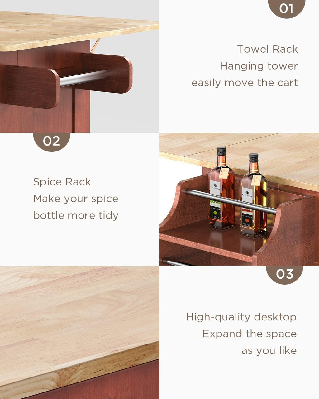 Brown Wood Kitchen Island with Drop Leaf Countertop and Lockable Wheels T721